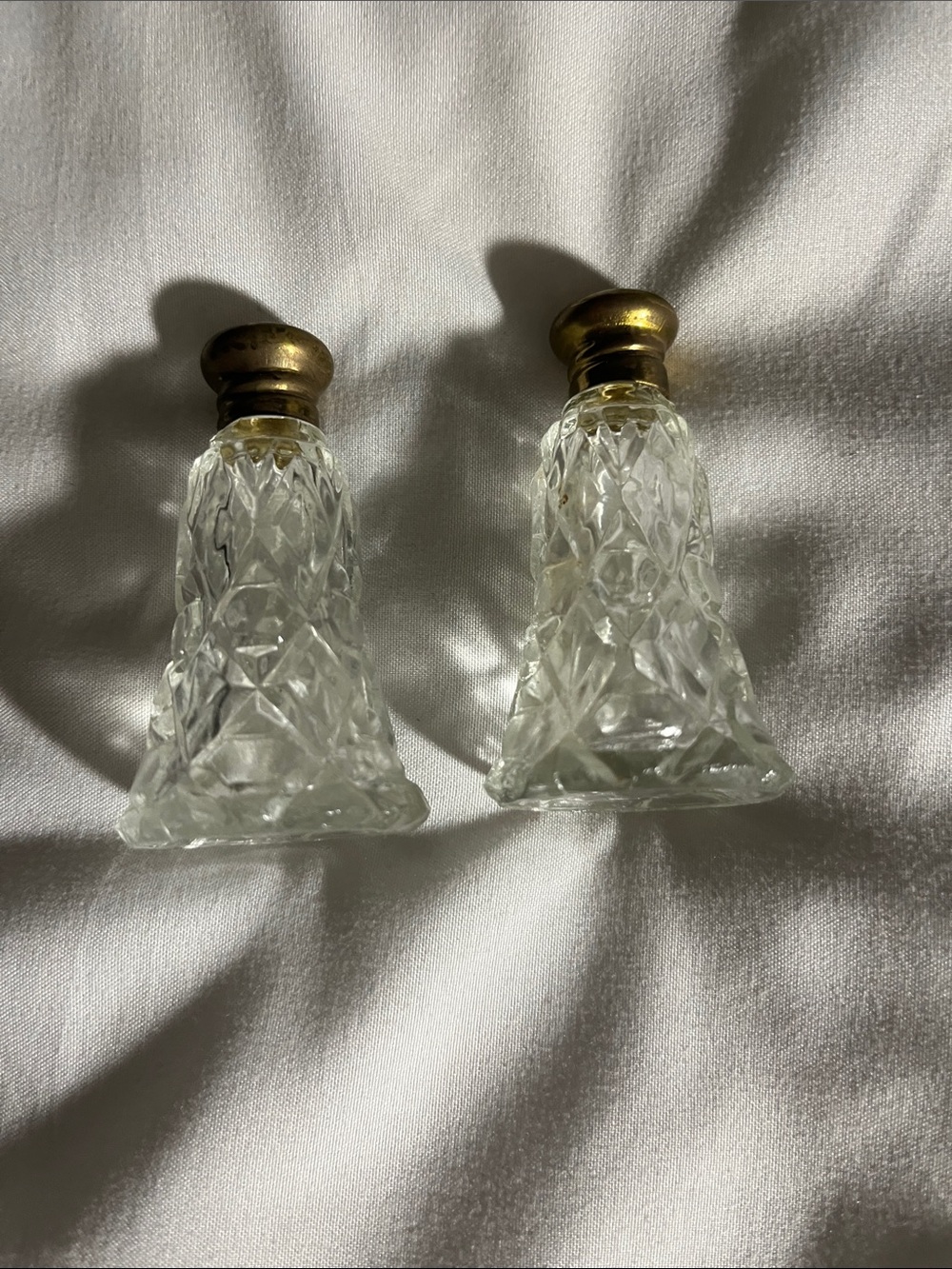 Vintage Clear Cut Glass Salt and Pepper Shakers with Gold Tops